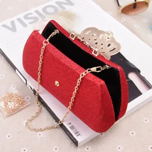 Red glitter clutch bag with crown clasp and gold chain for evening party women fashion