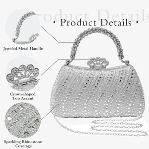 Silver rhinestone evening clutch bag detail featuring sparkling diamonds and jeweled handle.
