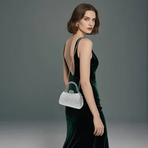 Rhinestone evening bag detail view, sparkling crystal clutch purse for cocktails and weddings.