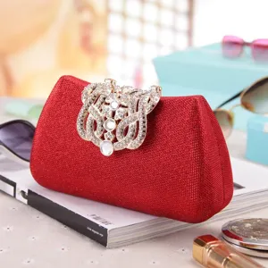 Red sequin rhinestone evening clutch bag sparkling crystal clasp formal party hand bag detail