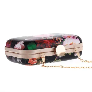 Floral print hard shell clutch bag, elegant evening party purse with metal chain strap.