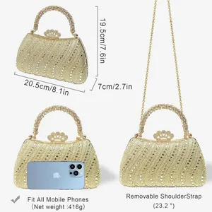 Gold rhinestone evening bag clutch purse with removable chain strap and shiny crystals for party.