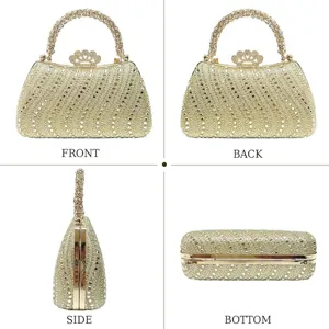 Detailed view of the shiny rhinestone evening clutch bag in gold, showing multi angles.