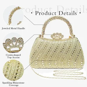 Elegant gold rhinestone evening clutch bag with jeweled handle and sparkling crystal coverage.