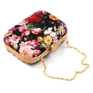 Floral print hard case evening clutch bag with gold chain strap for women party prom