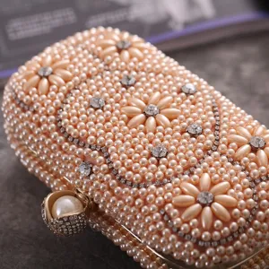 Elegant pearl evening clutch bag with sparkling rhinestones and floral beaded design for parties.