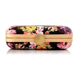 Floral print hard case clutch bag with elegant gold clasp, premium PU evening party purse.