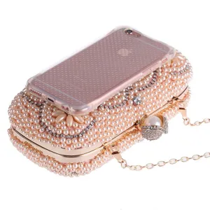 Elegant pearl rhinestone evening clutch bag with chain strap, perfect for party and wedding use.