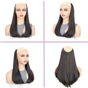 Women long wavy U part hair extension synthetic clip in wig brown volume booster hairpiece