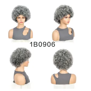 Short grey afro curly wig for women, fluffy textured synthetic hair wig for daily use and party styling.