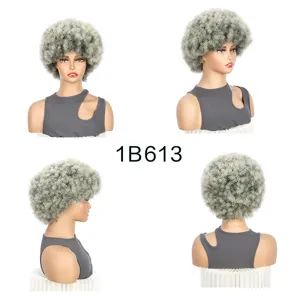 Detailed multi-angle view of short fluffy afro curly wig in 1B613 color for daily wear.