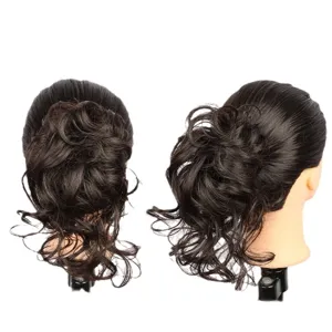 Postiche Chignon Synthétique Brun Foncé Bouclé avec Pince Queue de Cheval Principale