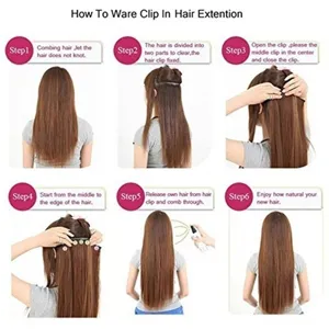 Step-by-step instruction guide showing how to easily wear clip-in hair extensions at home.