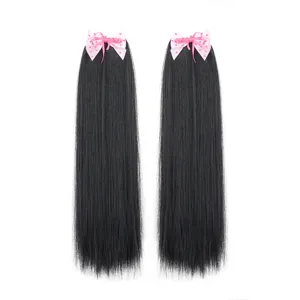 Kids straight hair ponytail extension with cute pink bow, synthetic hair accessory for girls.