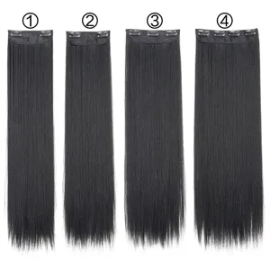 Detailed view of 4 pieces clip-in straight hair extensions synthetic black hair piece.