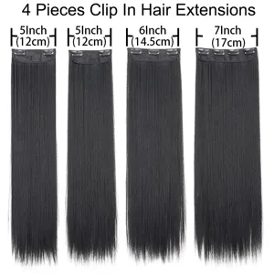 4 pieces straight synthetic hair extensions clip in set black color detailed view specs
