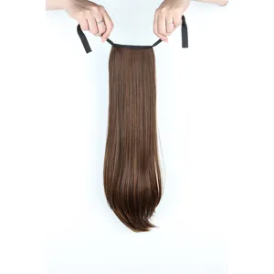 Langer brauner Zopf-Haarteil mit Band, natürlich wirkende synthetische Haarverlängerung für Damen.