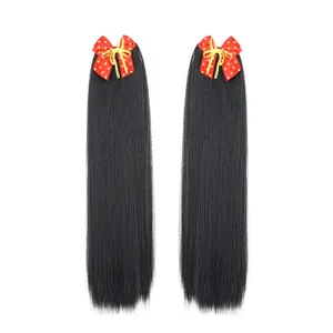 Children synthetic straight hair ponytail with cute red bow hair extensions for kids daily styling.