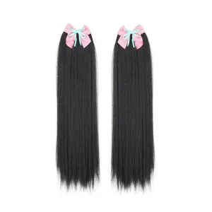 Children synthetic straight hair pigtails with cute pink polka dot bows hair extensions detail view