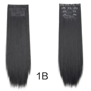 Synthetic straight hair extensions clip-in four piece set natural black hair pieces.