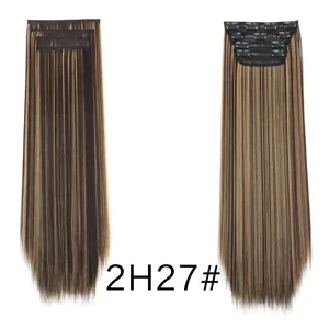 Synthetic straight hair extensions detail view, clip-in design with highlighted brown color.