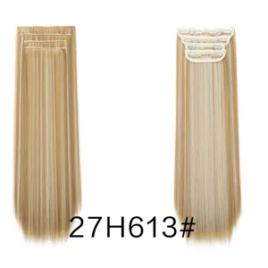 Synthetic clip-in straight hair extensions detail view, 4-piece set in 27H613 shade.