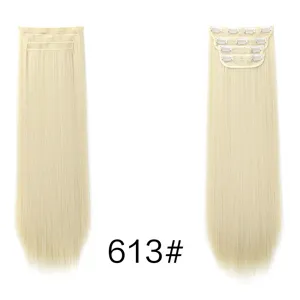 Detailed view of 613 bleach blonde synthetic clip in straight hair extensions set for women.