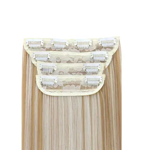 Close-up detail view of 4-piece straight synthetic clip-in hair extensions with blonde highlights.
