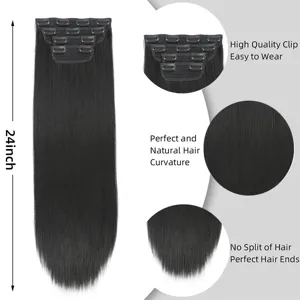 Detailed view of 24-inch straight clip-in hair extensions highlighting clips and texture.