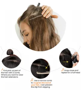 Step-by-step detail guide showing how to easily wear and clip in synthetic straight hair extensions.