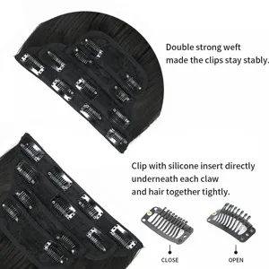 Synthetic straight hair extension detail showing double strong weft and silicone clips.