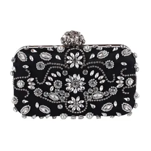 Women Evening Clutch Bag Satin Beaded Embroidered Rhinestone Flower Pattern Elegant Wedding Banquet Party Handbag