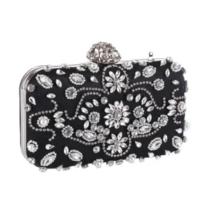Black satin evening clutch bag with sparkling rhinestones, pearls and floral metal clasp for party.