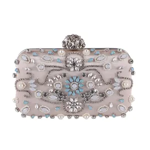 Elegant rhinestone satin evening clutch bag with delicate pearl crystal beading and floral lock.