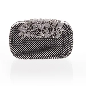 Rhinestone evening clutch bag, black crystal hard case purse with floral crystal clasp.