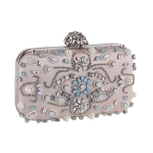Exquisite beaded satin evening clutch bag with rhinestone floral embellishments for women parties.