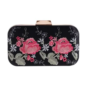 Elegant black evening clutch bag with pink rose embroidery and stylish gold clasp for women.