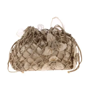 Champagne mesh evening bag with floral accent, elegant vintage wedding bridal purse for women.