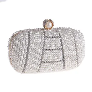 Elegant handmade pearl rhinestone evening clutch bag for women wedding party bridal purse.