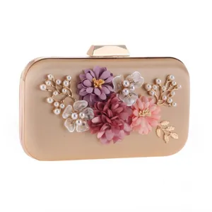Elegant champagne gold PU leather evening clutch bag featuring floral pearl appliques for women.