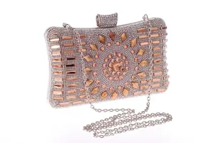 Elegant rhinestone evening clutch bag with chain strap, sparkling crystal party handbag.