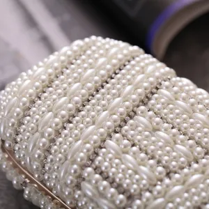 Handmade pearl rhinestone evening clutch bag for women, exquisite beaded bridal party handbag.