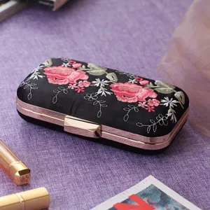 Black floral embroidered evening clutch bag with gold metal frame for women wedding party