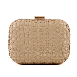 Elegant hardshell evening clutch bag with geometric hollow-out floral pattern and gold metal clasp.