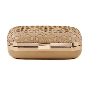 Detail view of champagne PU evening clutch bag, featuring gold metallic clasp and cutout pattern.