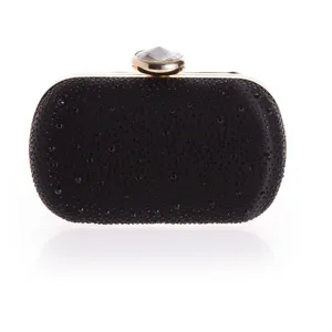 Black crystal embellished evening clutch bag, elegant hard case design for women.
