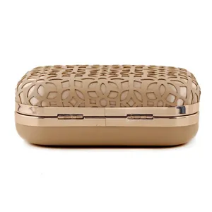 Elegant beige evening clutch bag with hollow geometric pattern and gold metallic frame.