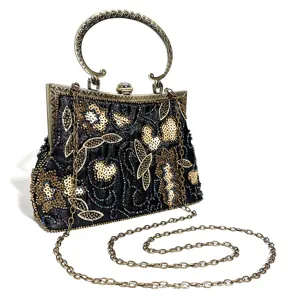 Vintage sequin beaded evening bag detail, retro metal kiss lock frame and chain.