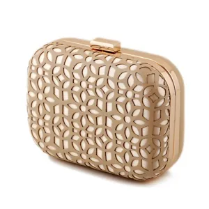 Gold evening clutch bag with clover cutout design, elegant party box purse for women.