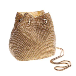 Stunning rhinestone bucket bag with gold chain strap, perfect evening party purse for women.